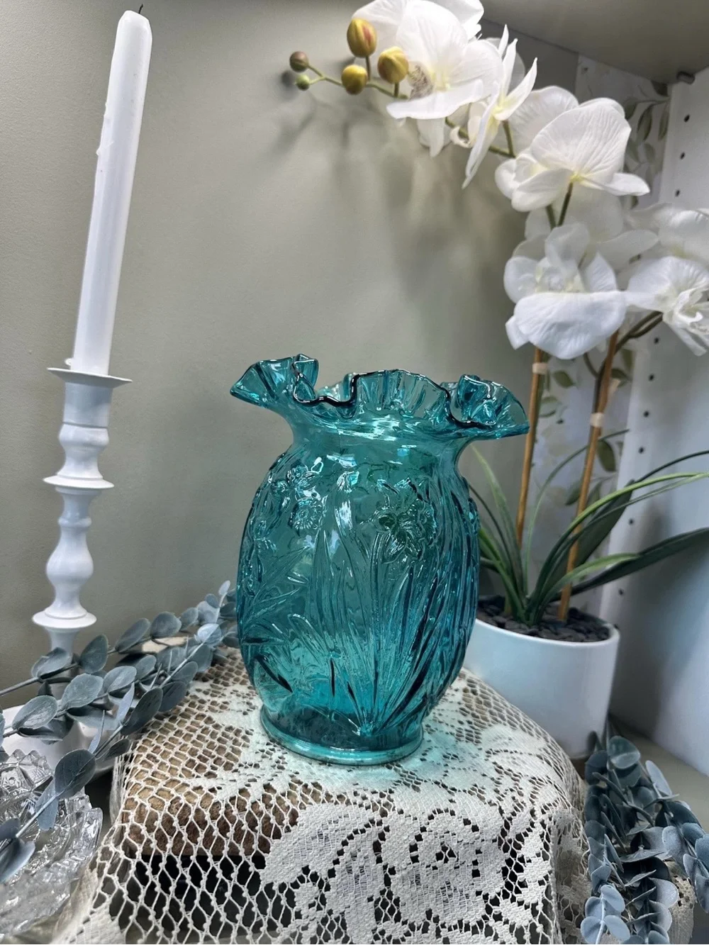 🌼 Vintage Fenton Glass Teal Blue Daffodil Vase 🌼